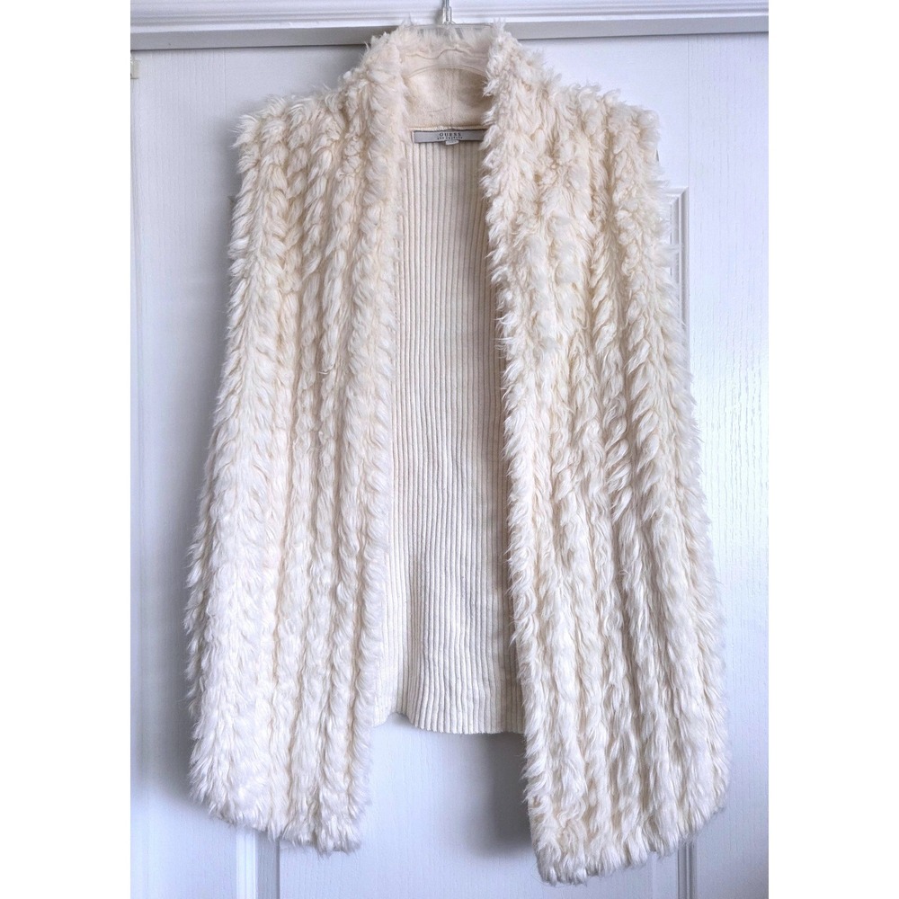 GUESS Los Angeles Womens Cream Shaggy Faux Fur Ribbed Open Front Vest Sz M Boho